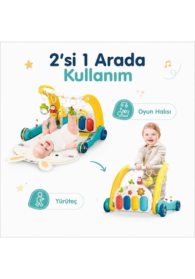Piyanolu 2'si 1 Arada Bebek Yürüteci Ve Tavşan Desenli Mavi Oyun Halısı, Müzikli Aktivite Oyuncağı Bıb-6015