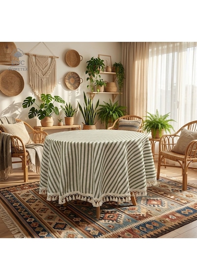 Dnc Home Tekstil Keten Yeşil Çizgili Ham Ponponlu Yuvarlak Masa Örtüsü Yeşil