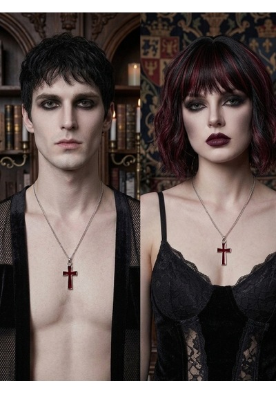Unisex Gotik Haç Kolye Kırmızı Gri Gümüş Vintage Cross Kolye, Retro Zincir Kolye, Kadın Erkek Punk Gothic
