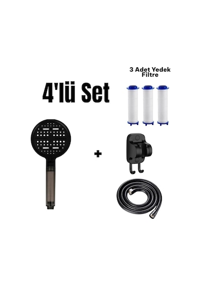 4'lü Set 6 Fonksiyonlu Filtreli Duş Başlığı +3 Adet Yedek Filtre+ 150 Cm Duş Hortumu + Siyah Yapışkanlı Askı Diğer