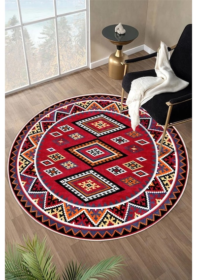 Kırmızı Etnik Kilim Desenli Dijital Baskılı Kaymaz Taban Yıkanabilir Yuvarlak Halı