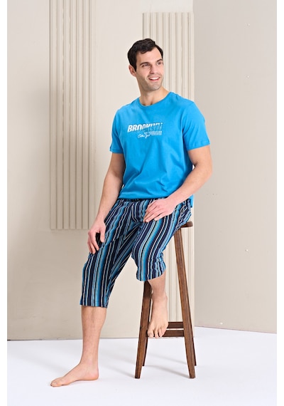 Over Sleep By Poleren Erkek Pijama Takımı Kapri & Bermuda Kısa Kol Mavi