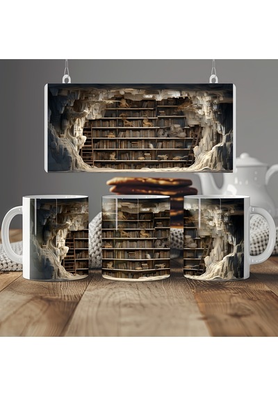 3d Görünümlü Fantastik Kitaplar Kupa Bardak - Mistik Loş Kütüphane Detaylı - Kabartmasız Beyaz