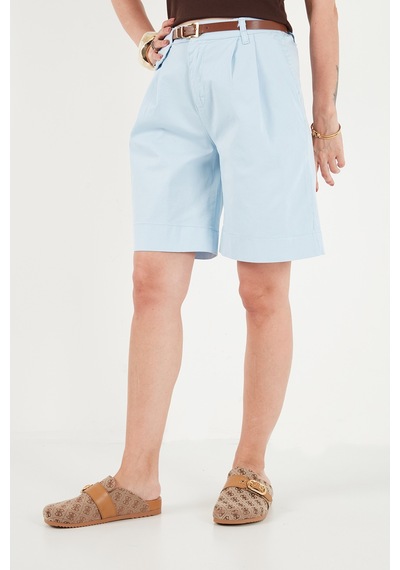Lela Pamuklu Loose Fit Pileli Kemerli Bermuda Şort Bayan Şort 668yp5439 Mavi