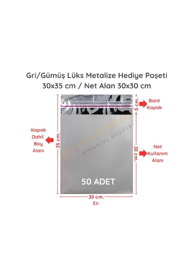 30x35 Cm Gümüş Renk Bantlı Lüks Metalize Hediyelik Poşet 50 Adet