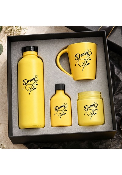 Bk Gift Kişiye Özel İsimli Sarı Cam Suluk & Kupa & Kolonya & Mum - Hediye Kutulu Sarı Hediye Seti-4