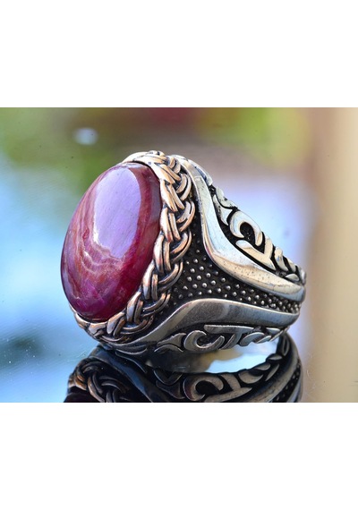 Gerçek Doğal Cabochon Yakut Taşı, Yakut Yüzük, Sterlin Gümüş Erkek Yüzüğü, Pembe Gümüş