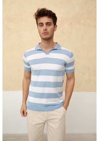 Tarz Cool Renk Bloklu Polo Yaka Triko T-shirt Mavi