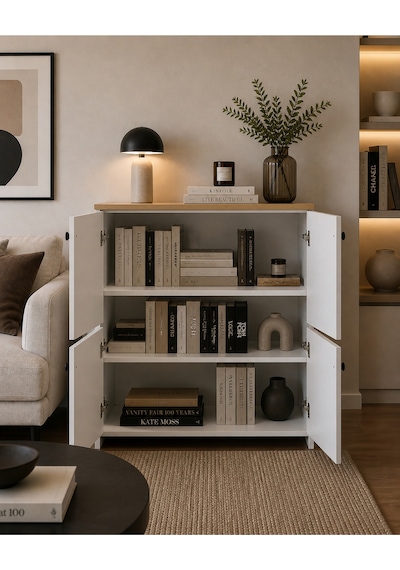 Ağlasun Model 2 Kapaklı Çok Amaçlı Dolap Ayakkabılık Kitaplık Banyo Dolabı Mutfak Dolabı Beyaz-safir Meşe