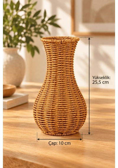 Atbyhome Doğal Hasır Rattan Çiçek Vazosu 25.5 Cm - Masa Üstü Dekoratif El Örgüsü Kuru Çiçeklik Ve Saksı Kahverengi