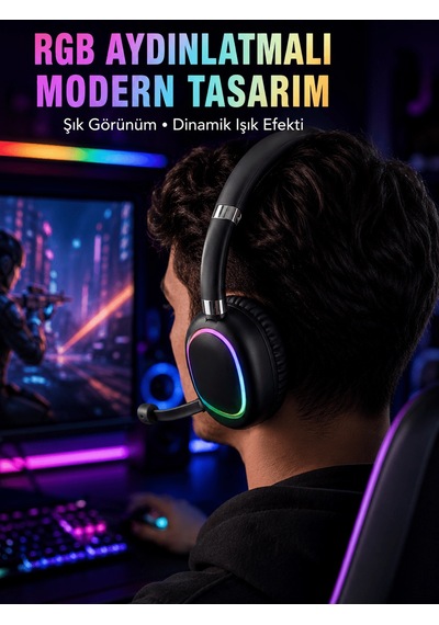 Rgb Işıklı Bluetooth Mikrofonlu Kulaklık Uzun Süreli Kullanım Type-c Şarjlı Uczzmax17-4