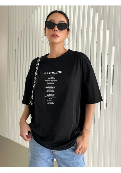 Flood Of Style Kadın Siyah Optımıstıc Baskılı Oversize Bisiklet Yaka Tshirt