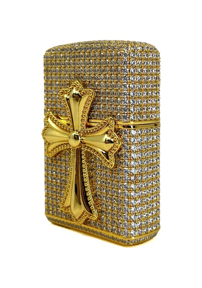 Zippo Özel Seri - Iced Out Zirkon Taşlı Haç Figürlü Lüks Çakmak Sarı
