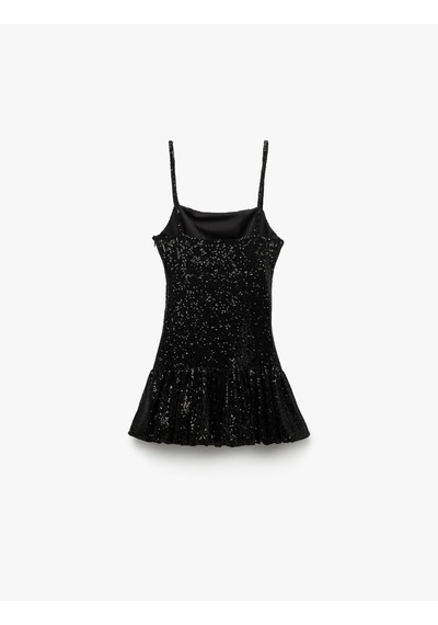 Koton Pullu Payetli Kare Yaka Askılı Mini Elbise Siyah 5sak80078fk Siyah