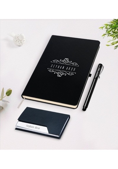 Kişiye Özel Isimli Siyah Defter Kalem Kartvizitlik Hediye Seti-9