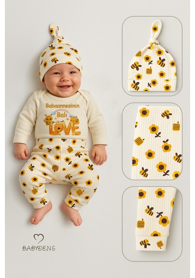 Babyden's Babaannesinin Balı 3 Lü Yenidoğan Takım Pamuklu Uzunkol Body,çiçek Arı Desenli Pantolon,bere Ekru