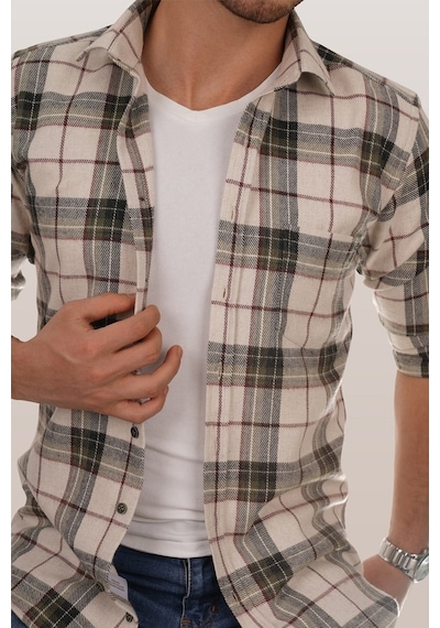 Krem Oduncu Slimfit Erkek Gömlek Krem