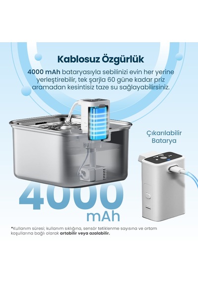 Haustier Wf08 Otomatik Kablosuz Kedi Su Pınarı, Sensörlü , Bataryalı , Ultra Sessiz, Çelik , 3lt Hazne