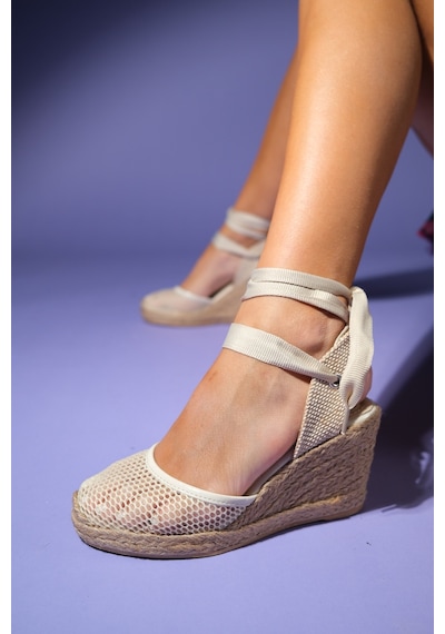 Luvishoes Luvi Shoes Lıons Bej Fileli Deri Kadın Bilekten Bağlamalı Dolgu Topuk Sandalet Bej