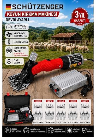 Sc-2020w Adaptörlü Keçi Koyun Kırkma Makinesi Devir Ayarlı Kömürsüz Motor 5 Bıçak Takım Isınmaz Motor