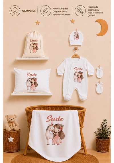 Pia Baby Kız Bebek İsimli Hastane Çıkışı 6 Parça Tulum Şapka Eldiven %100 Pamuk Hediye Seti 1105tybk0x Krem
