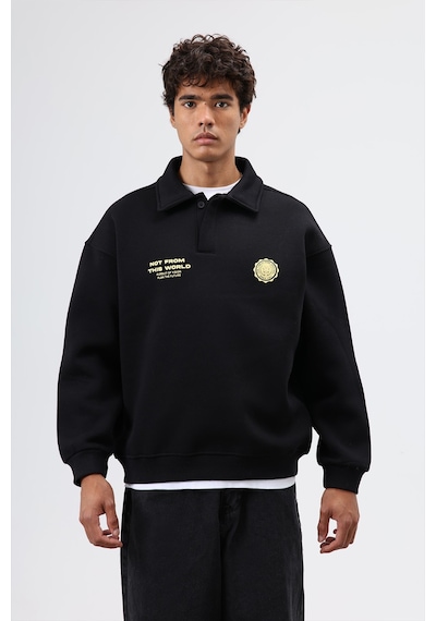Vamos Polo Yaka Oversize Baskılı Yıkamalı Sweatshirt Siyah