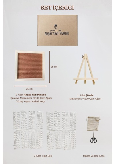 Woodart Premium Letter Board Seti, Ceviz Kahve Keçe Yüzeyli Doğal Çam Ahşap Yazı Panosu Şövale Standlı Dekoratif Set Kahverengi