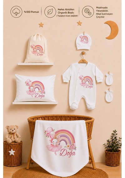 Pia Baby İsme Özel Hastane Çıkışı %100 Pamuk Kız Bebek Organik Baskılı Tulum Set Keseli Hediyelik 2047tybk3x Krem