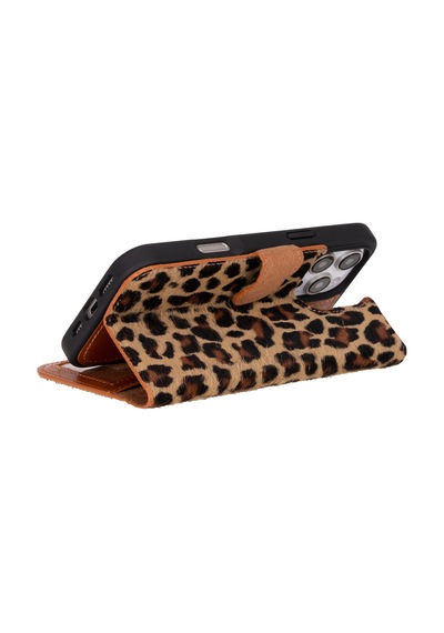 Bloomcase Apple Uyumlu iPhone 16 Pro Max Leopard Hakiki Deri Cüzdanlı Telefon Kılıfı Leopar - Pembe