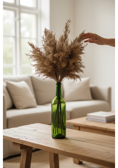 Doğal Pampas Otu Demeti 5 Li Yeşil Vazolu Set, 50 Cm Dekoratif Kurutulmuş Bitki Çok Renkli