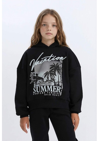 DeFacto Kız Çocuk 2'li Takım Kapüşonlu Baskılı Sweatshirt Beli Lastikli Jogger Alt D2219A824WNBK81 Siyah