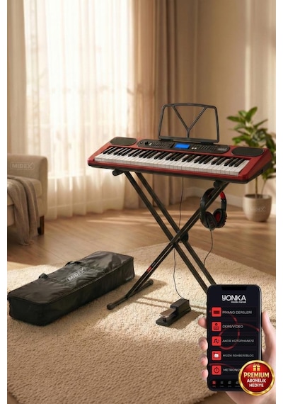 Midex Ps-5200rd-hss Pro Org 61 Led Işıklı Tuş Hassasiyetli Bluetooth Midi Kulaklık Stand Sustain