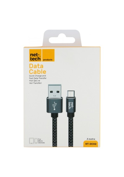 Nettech Nt-dc02 İp Örgü 300 Cm Micro Şarj Ve Data Kablosu Siyah