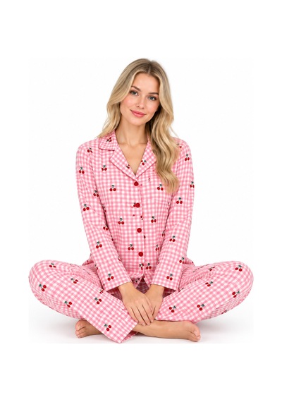 Sleeeproom Kadın Süet Düğmeli Mevsimlik Ekose Desen Pembe Pijama Takımı Pembe - Beyaz