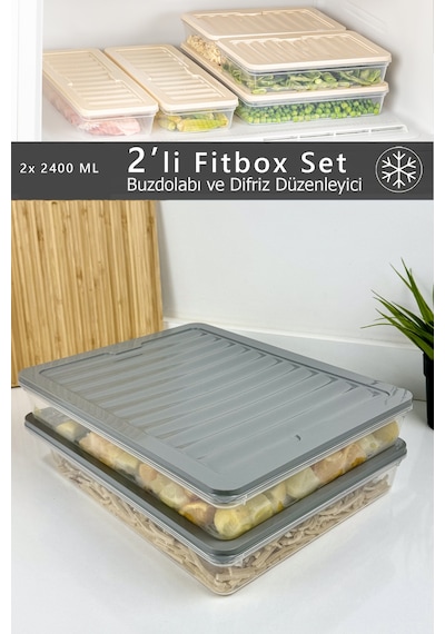 2'li Fitbox Set 2400 Ml Hava Geçirmez Buzdolabı Ve Buzluk Düzenleyici Gri Kapak