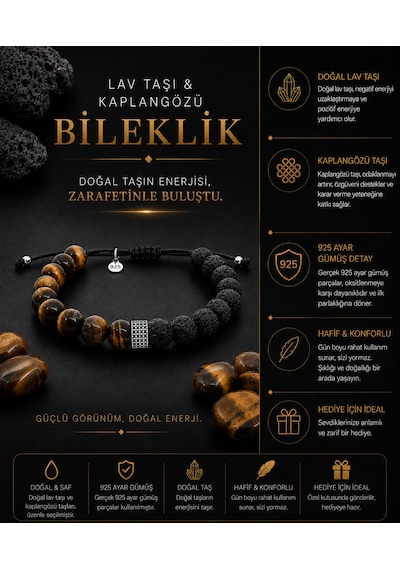 Kaplangözü Ve Lav Doğal Taşlı 8mm 925 Ayar Gümüş Detaylı Makrome Örgülü Erkek Bileklik Hediye Kutulu