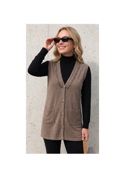 Onno Style Women Yakası Taşlı Çelik Örgü Triko Kadın Yelek Bej