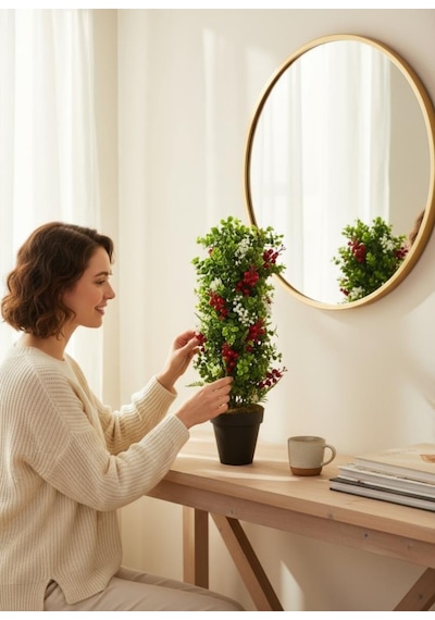 Yapay Çiçek Siyah Saksıda Kokinalı Yeşil Şimşir Ağacı 70 30cm Yeşil