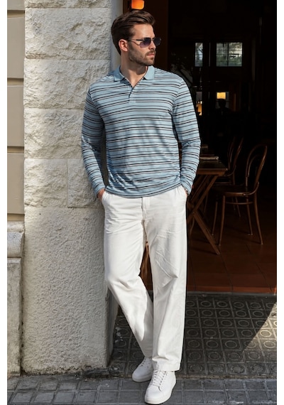 Madmext Mavi Regular Fit Çizgili Polo Yaka Erkek Tişört E7192