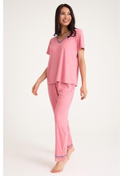 Amarelle Dream Mavi/pembe V Yaka Dantel Detaylı 4 Parça Pijama Takım Set Mavi/pembe