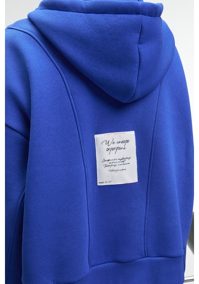 Grimelange VYSELLE Kadın Önü Kesikli Metal Fermuarlı Kapüşonlu Etiket Detaylı Oversize Mavi Sweatshirt