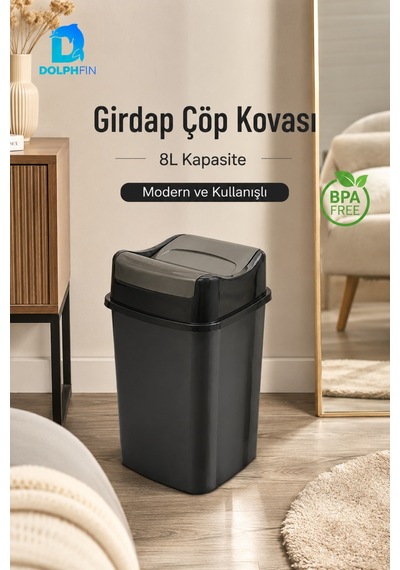 Girdap 8 Litre Sallanır Kapaklı Çöp Kovası Mutfak Banyo Ofis Siyah Füme