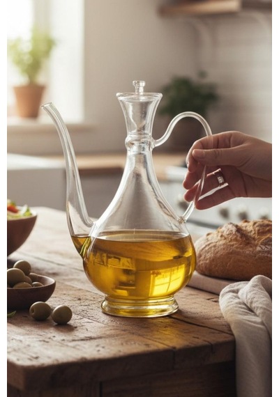 750 Ml Borosilikat Cam Kulplu Yağdanlık - Estetik Cam Yağlık Şeffaf