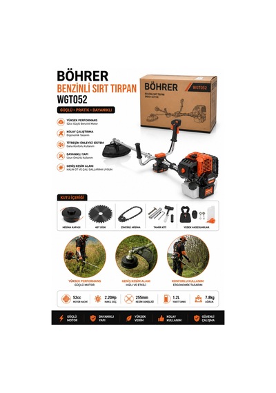 Böhrer Ba011351 Marşlı + İpli Starter Profesyonel Benzinli Yan Tırpan Çim Çalı Diken Kesme Biçme Mak