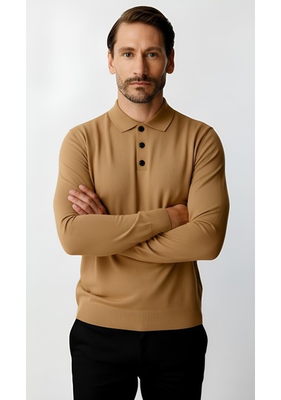 İgs Bej Standart Fit Dar Kalıp Polo Yaka Düz Uzun Kollu Triko-21901 Bej
