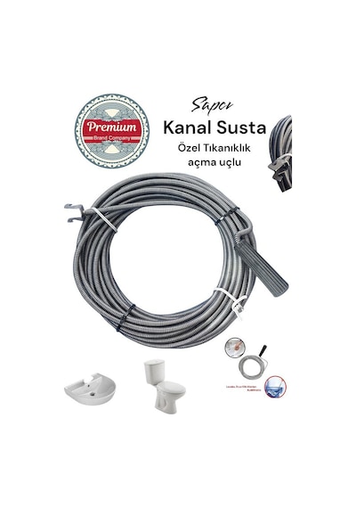 Premium 5 Metre Tıkanıklık Açma Klozet Gider Açıcı Boru Temizleme Özel Uçlu Spiral Kanal Susta