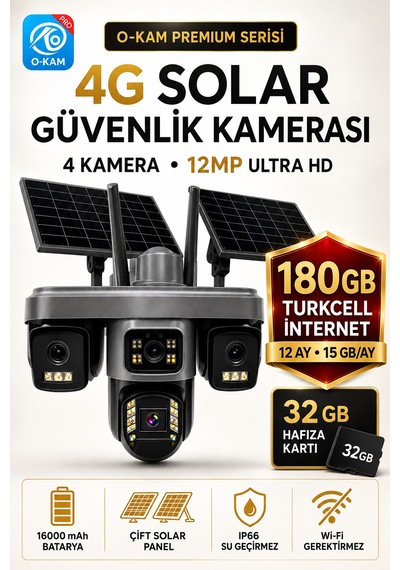 O-kam Ok335set2 12mp 4 Kameralı 4g Çift Solar Panel Gece Görüş 180gb 12ayx15gb Turkcell +32gb Hafıza