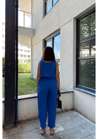 WeShaya Saks İthal Müslin Kumaş, Basic, Katlı, Salaş Askılı Bluz & Atlet Saks