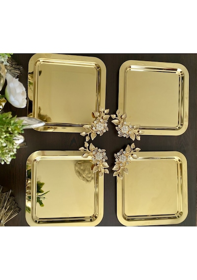 Atabey Home Collection 6'lı Kahve & Çay & Sunum Tepsisi Gold Lüx Kristalize Taşli Model