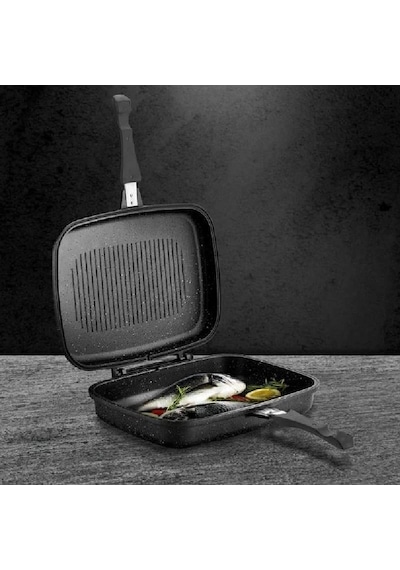 Döküm Granit Çift Taraflı Grill Tava Silikon Contalı 36 X 26 Cm Siyah
